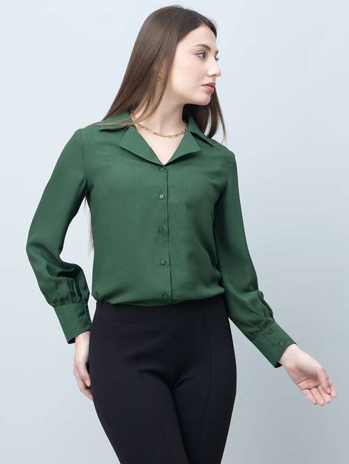 women solid cuban collared long sleeves regular shirt - 21854169 -  Standard Image - 0