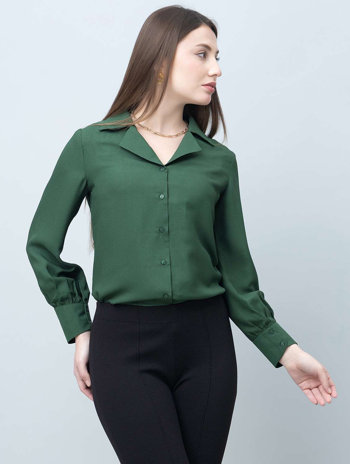 women solid cuban collared long sleeves regular shirt