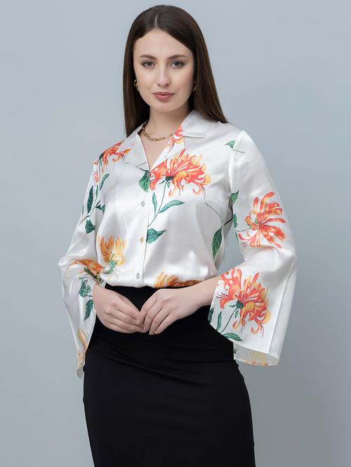 women printed cuban collared long sleeves regular shirt - 21854171 - Standard Image - 0