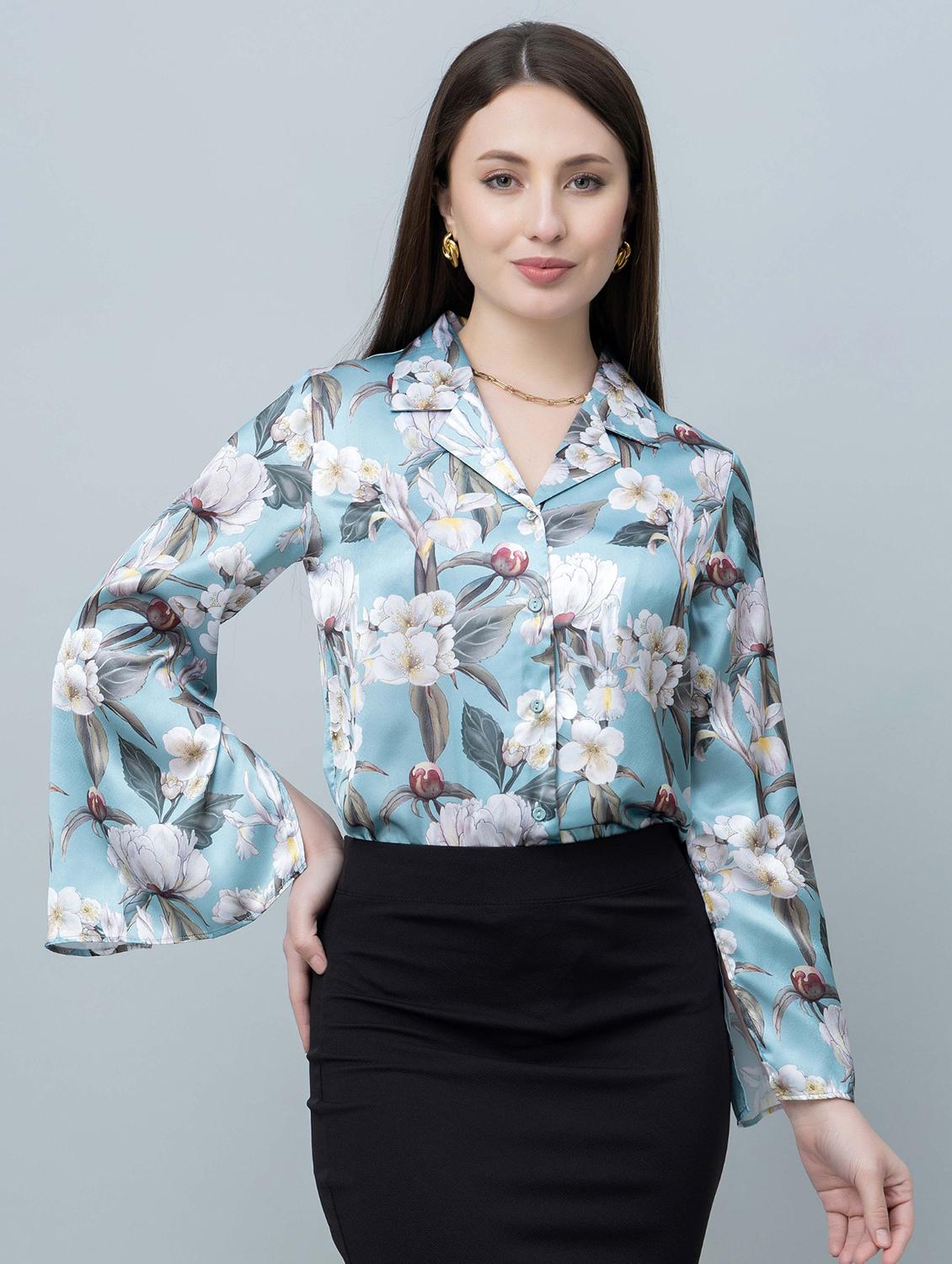 women printed cuban collar long sleeves regular shirt - 21854172 - Zoom Image - 0