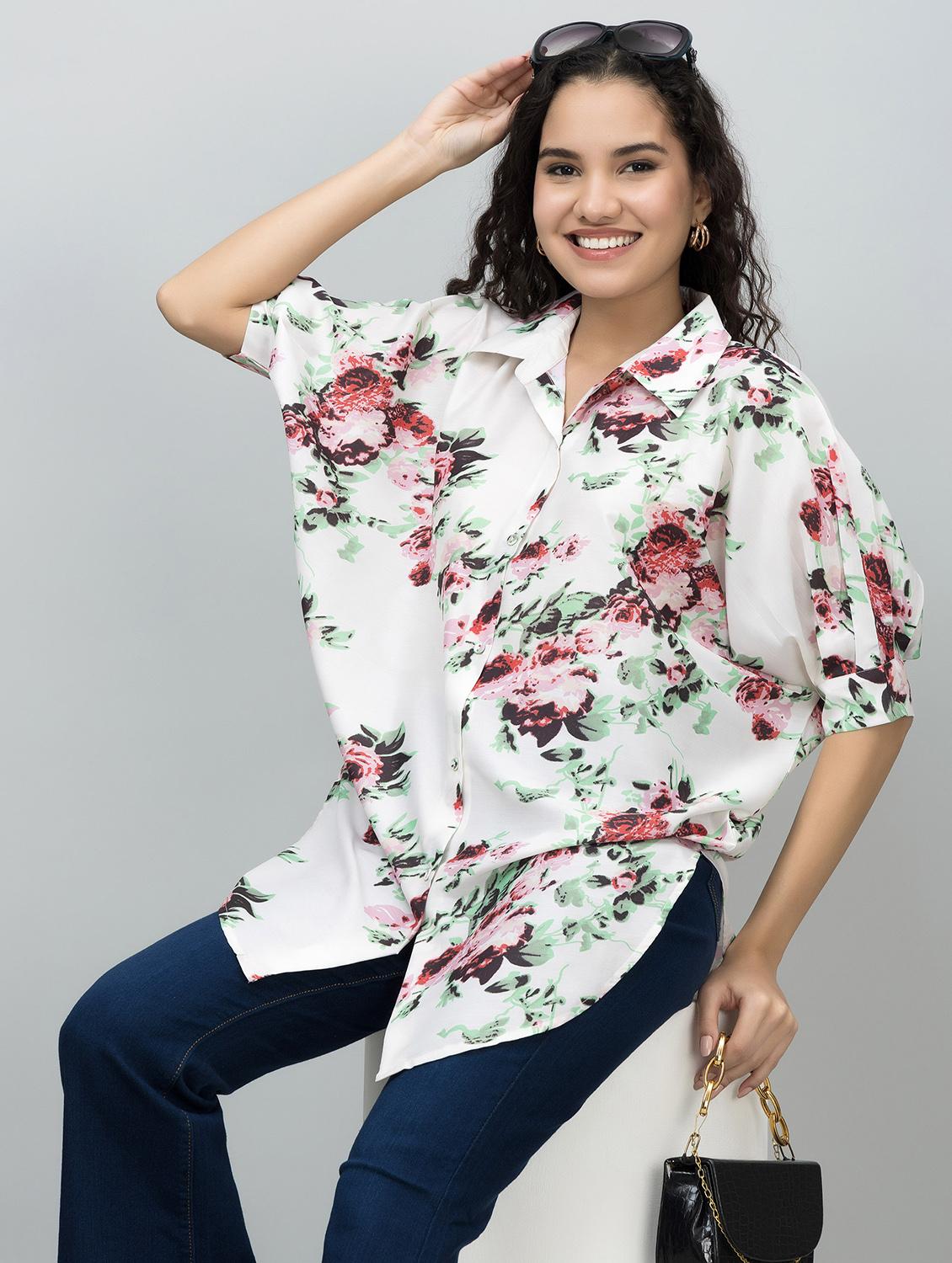 women printed puff sleeves regular fit long shirt - 21854179 - Zoom Image - 0