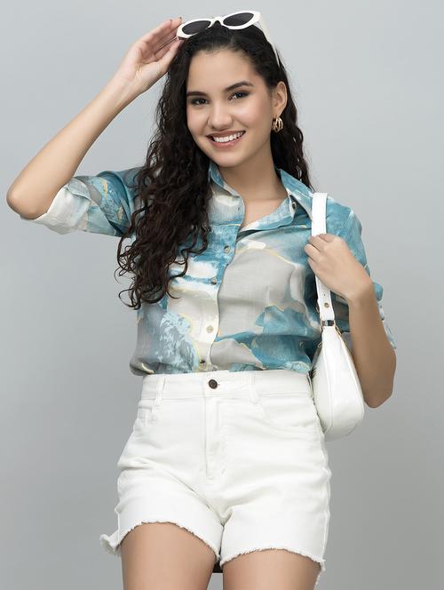 women printed roll-up sleeves regular fit shirt - 21854200 -  Standard Image - 0