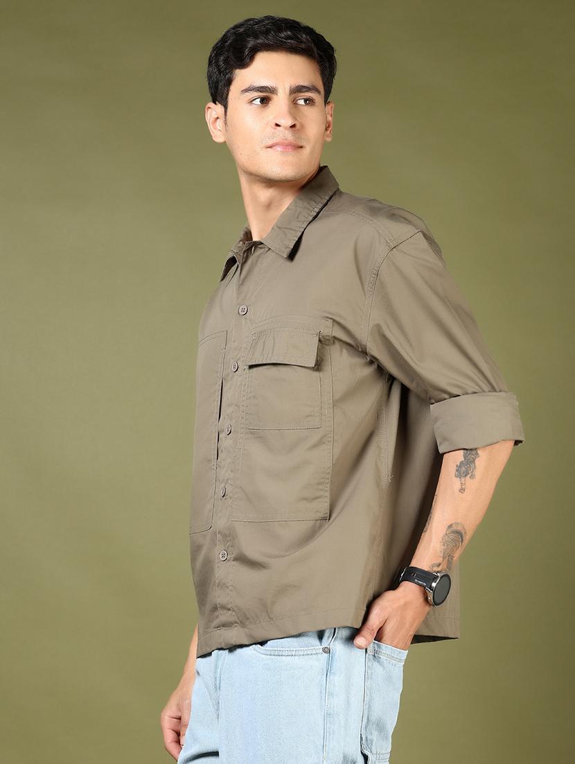 olive cotton casual shirt - 21854227 - Standard Image - 2