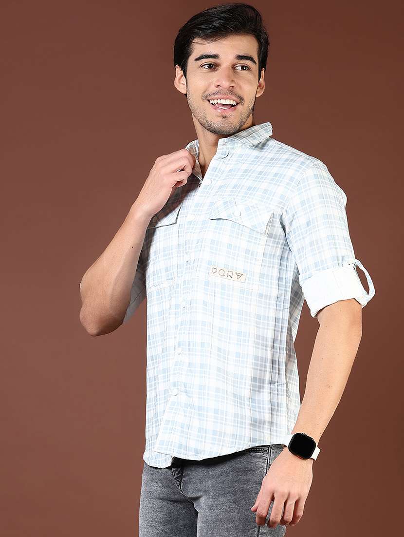 men blue checked long sleeve regular fit casual shirt - 21854239 -  Standard Image - 2