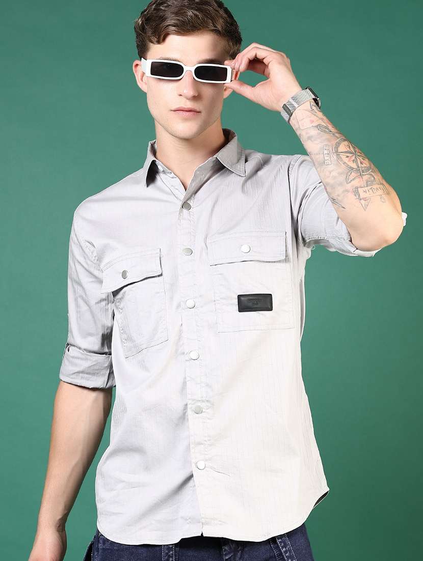 men grey solid long sleeve regular fit casual shirt 