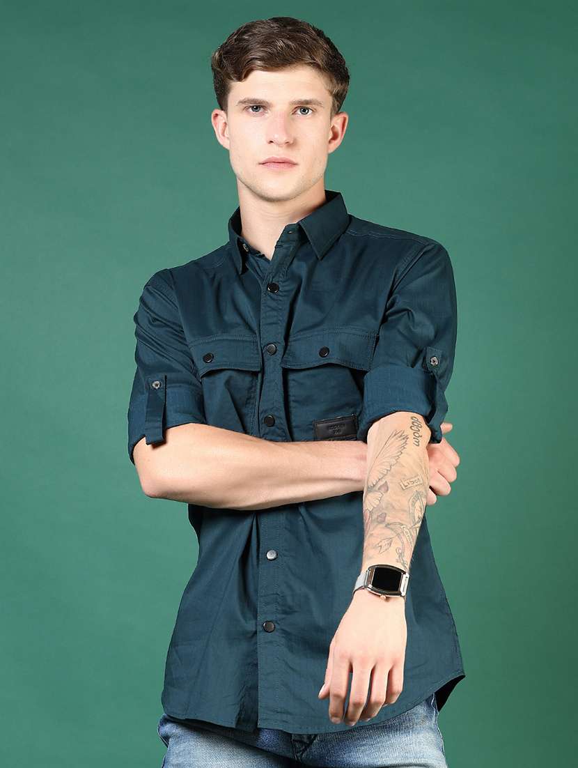 men blue solid long sleeve regular fit casual shirt 