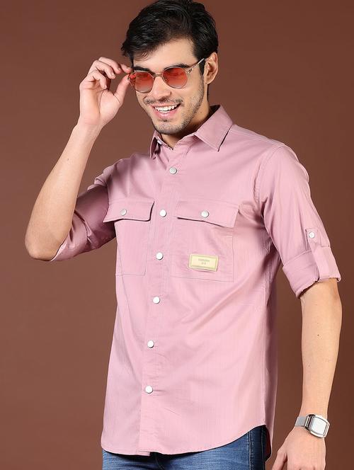 men pink solid long sleeve regular fit casual shirt - 21854245 - Standard Image - 0