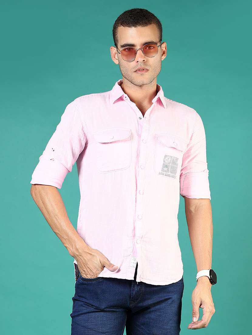 men pink typography long sleeve regular fit casual shirt 
