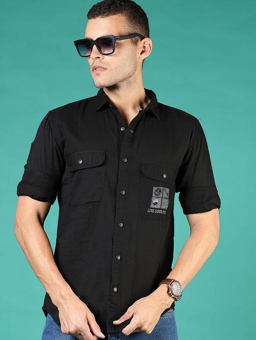 men black typography long sleeve regular fit casual shirt - 21854251 - Standard Image - 0