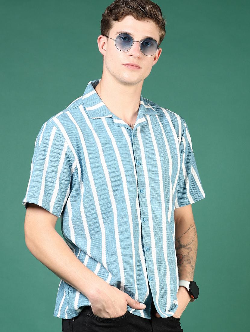 men blue stripes short sleeve regular fit casual shirt - 21854272 - Zoom Image - 0