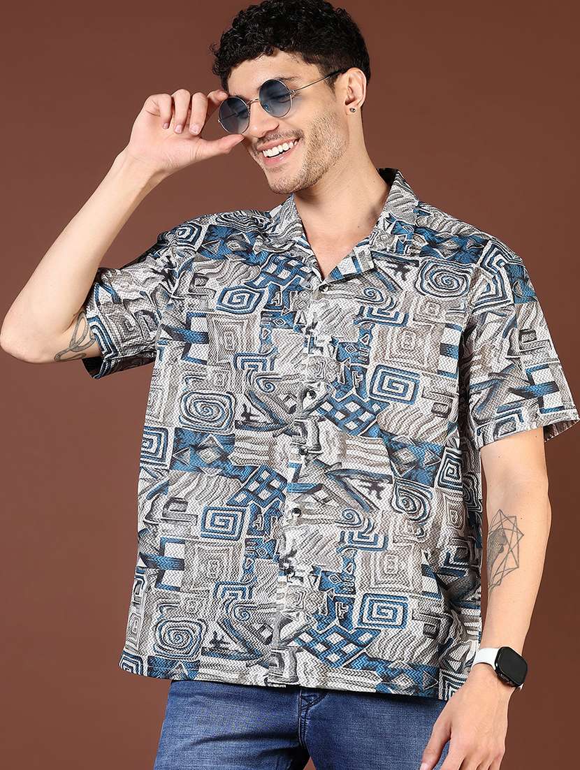 men printed cuban collared casual shirt