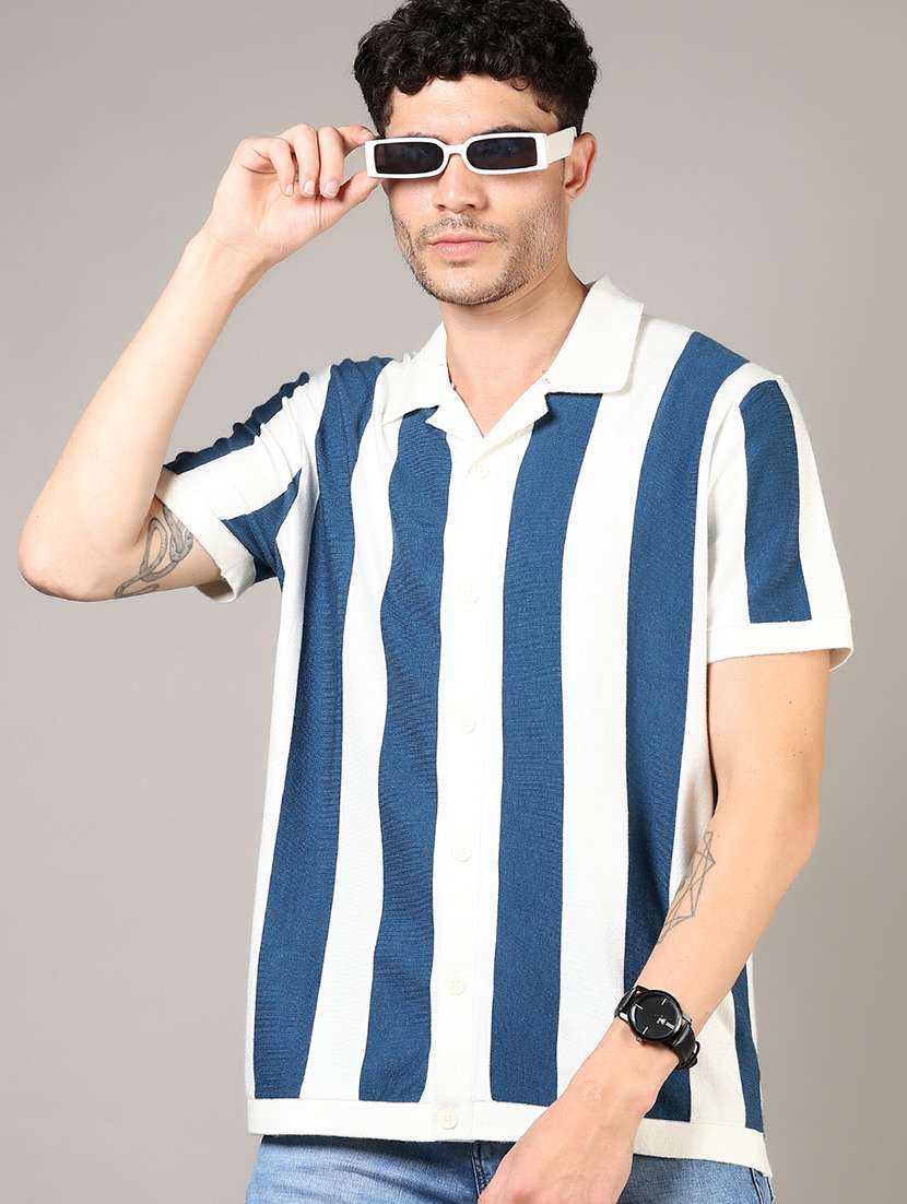 men blue stripes short sleeve regular fit casual shirt