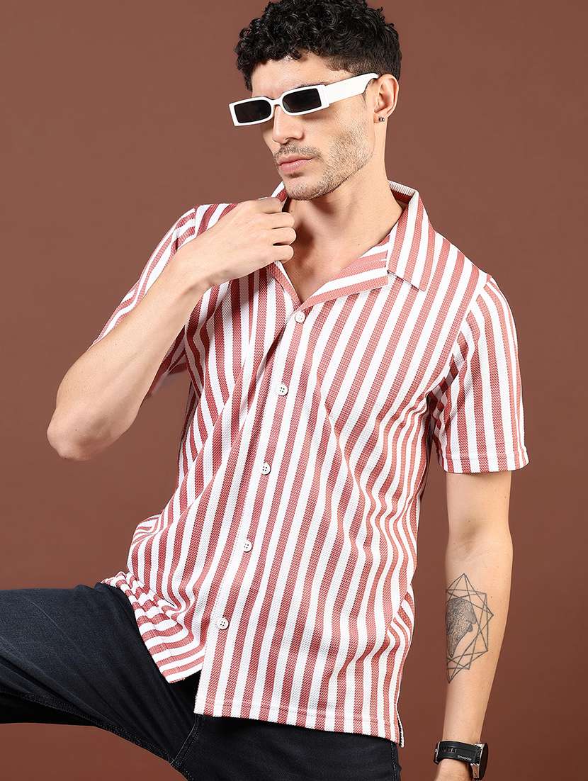 men striped short sleeve regular fit casual shirt