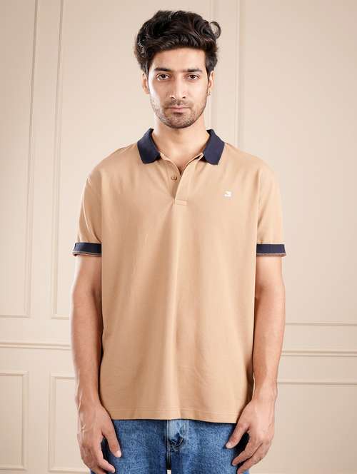 men beige solid short sleeve regular fit polo t-shirt - 21854355 - Standard Image - 0