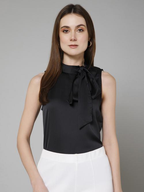 women solid tie up neck regular top - 21854416 -  Standard Image - 0