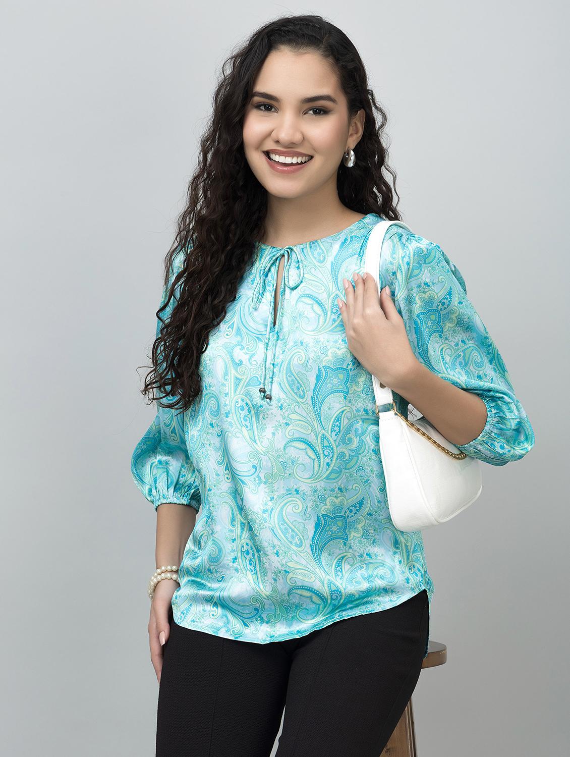 women printed puff sleeves tie-up neck top - 21854426 - Zoom Image - 0