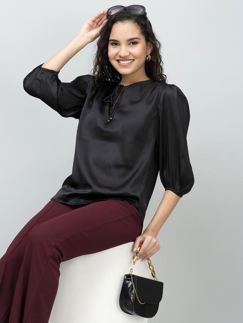 women solid puff sleeves tie-up neck top - 21854427 - Standard Image - 0