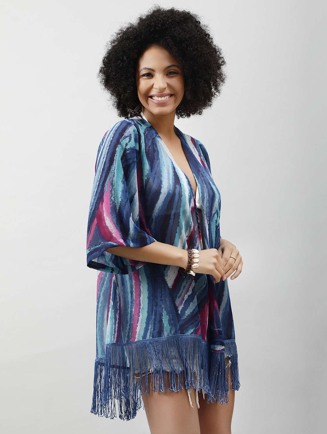 women printed regular fringed hem shrug - 21854430 - Standard Image - 2