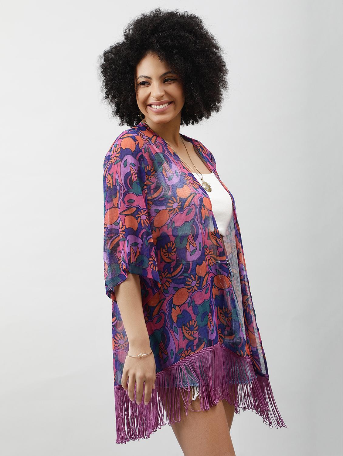 women printed regular fringed hem shrug - 21854431 - Standard Image - 2