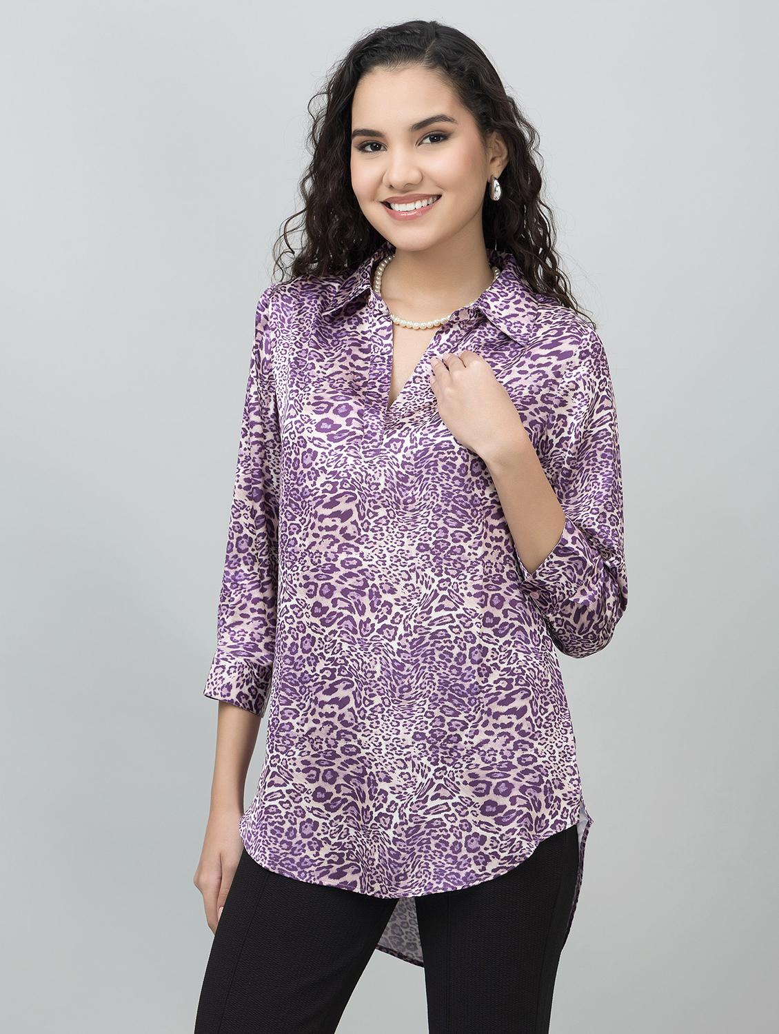 women animal print collared high low tunic - 21854435 - Standard Image - 2