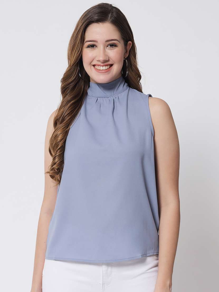 women solid tie up neck sleeveless top
