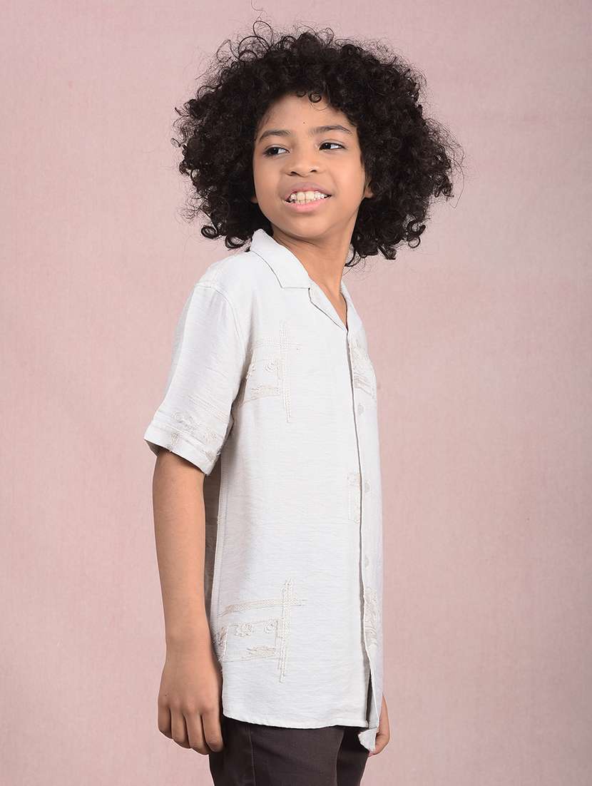 boys off white cuban collar embroidered casual shirt - 21854562 -  Standard Image - 2