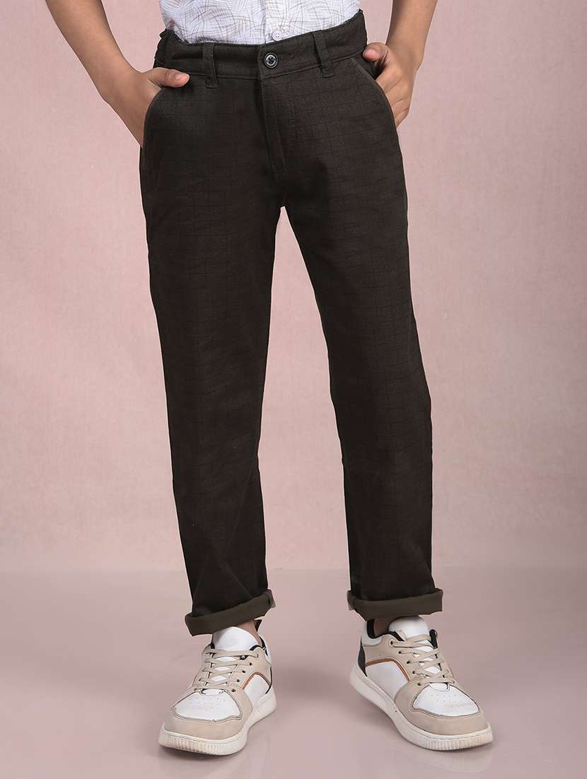 boys olive checkered mid rise chinos trouser
