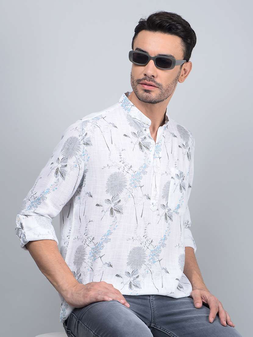 men printed long sleeve short kurta