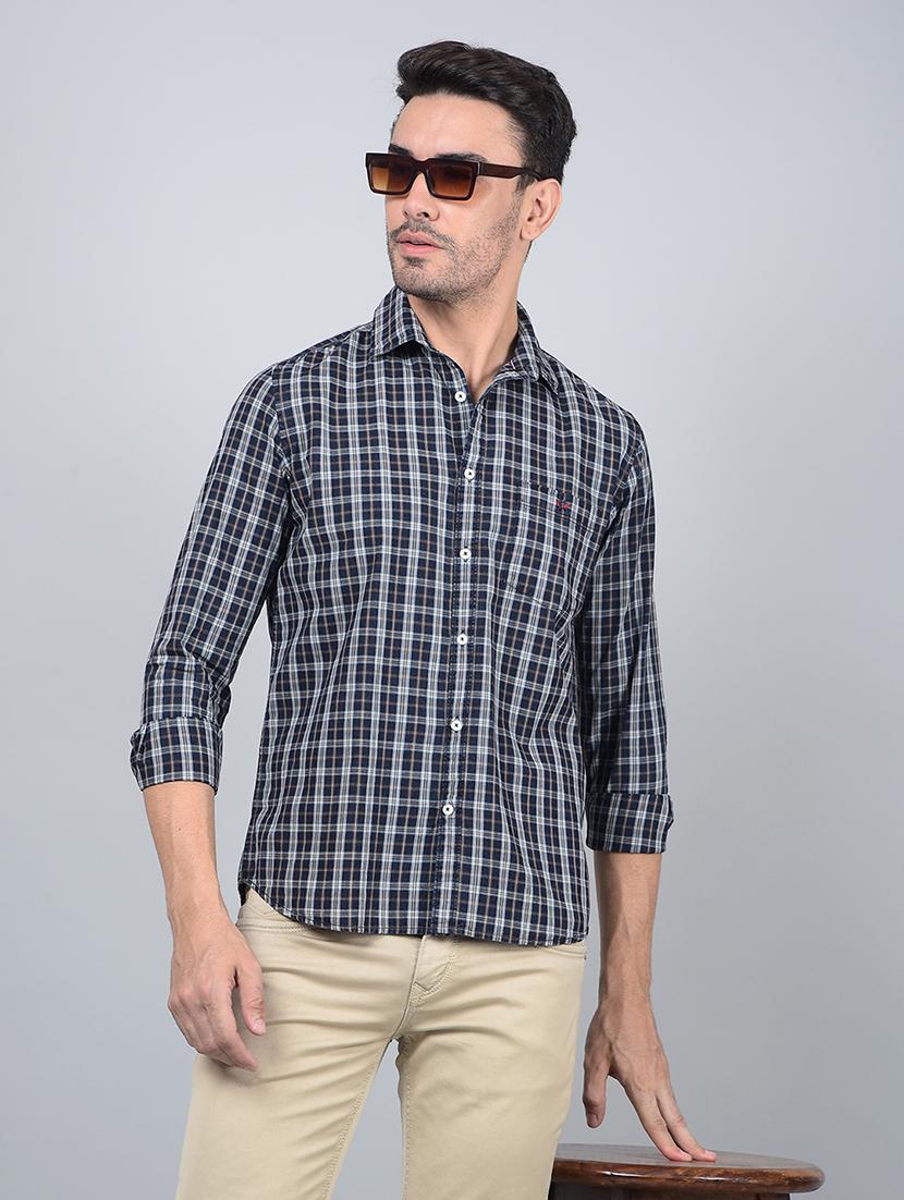 men checked long sleeve slim fit casual shirt 
