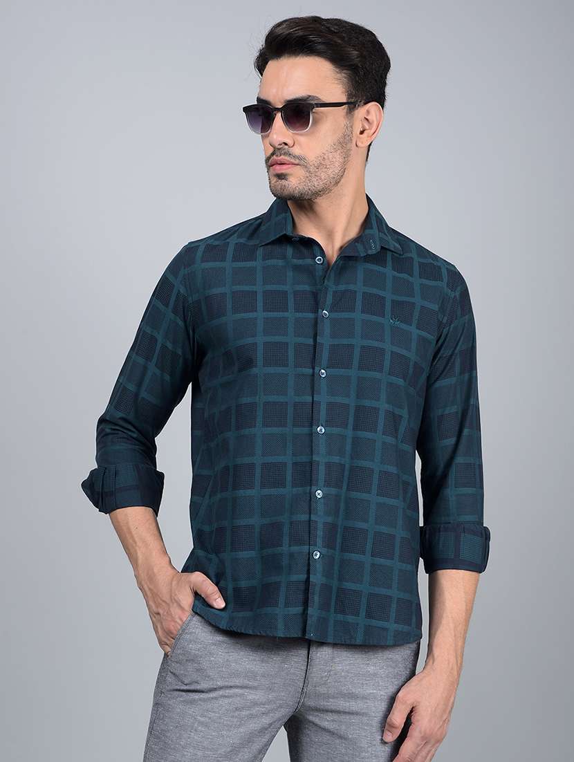 men checked long sleeve slim fit casual shirt 