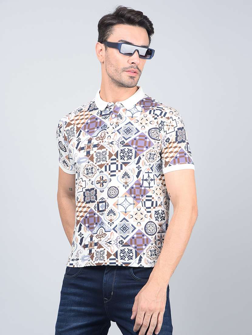 men printed short sleeve slim fit polo t-shirt 