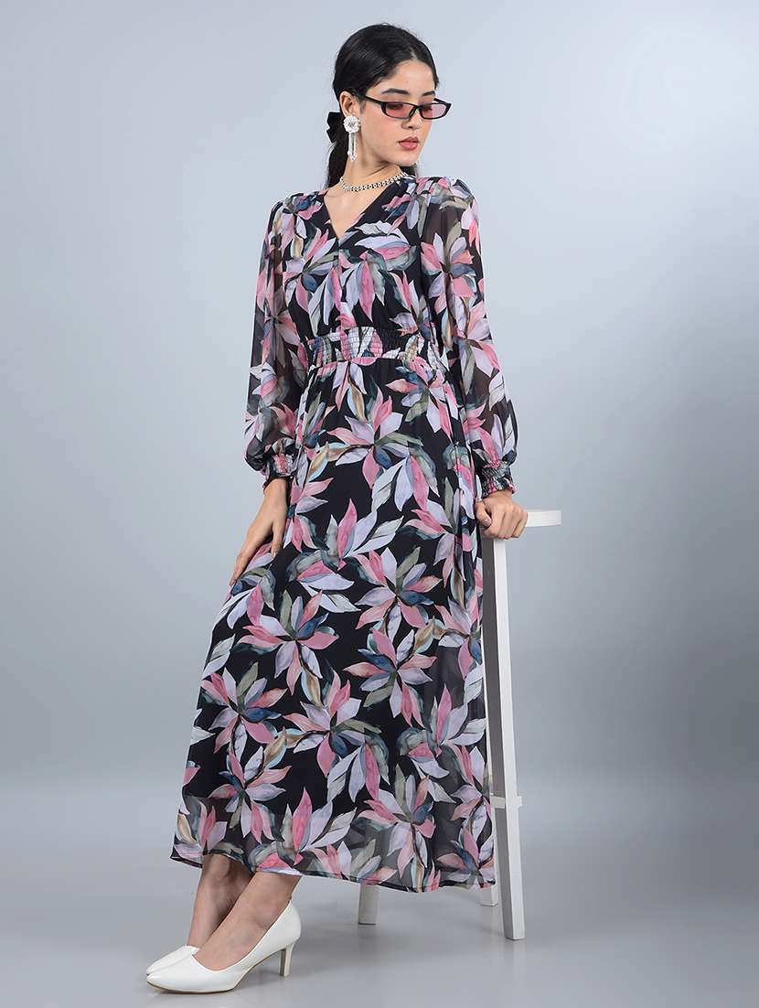 women printed puff sleeves fit & flared dress - 21854809 -  Zoom Image - 0