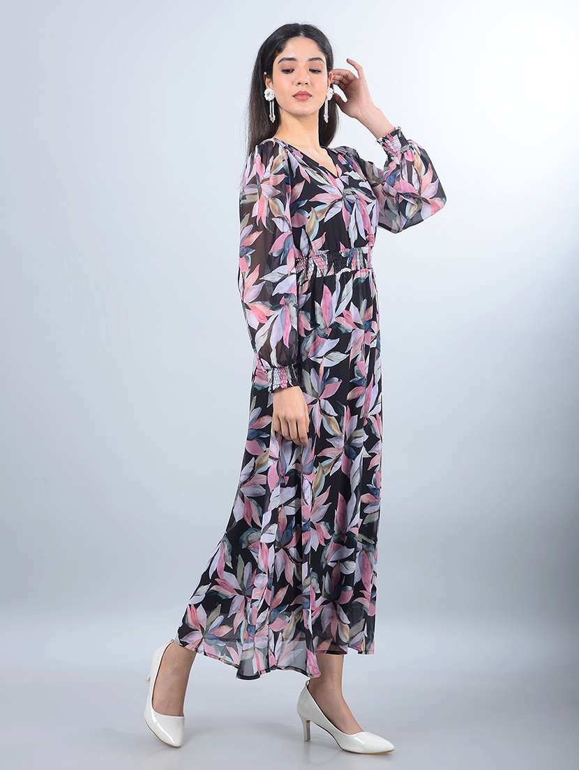 women printed puff sleeves fit & flared dress - 21854809 - Standard Image - 2