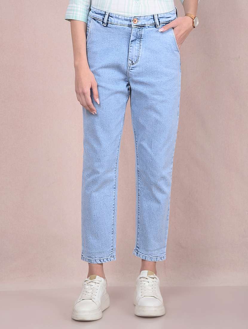 women solid high rise staight fit jean