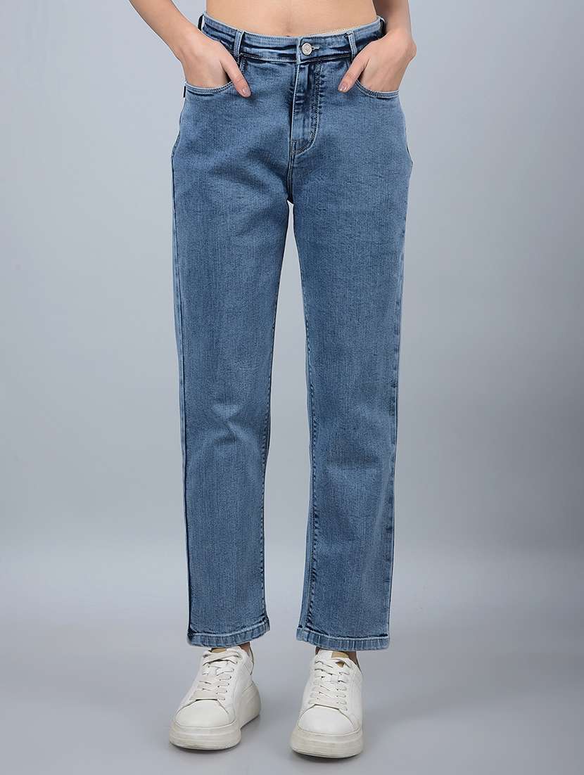 women solid high rise straight fit jean