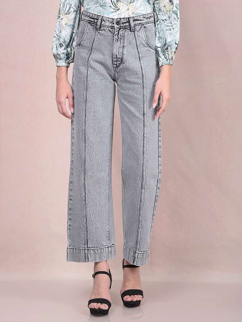 women solid mid rise wide leg jean