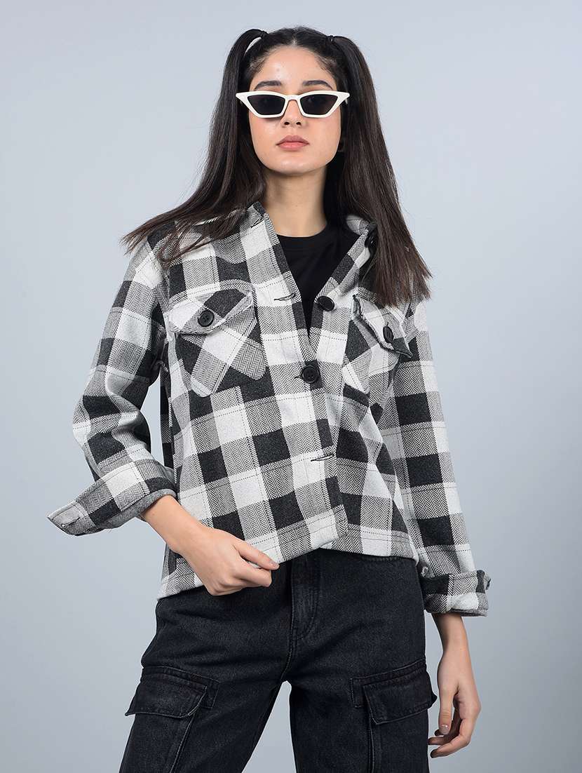 women checkered long sleeves shacket