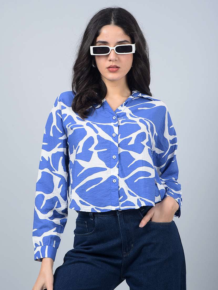women printed long sleeves crop shirt
