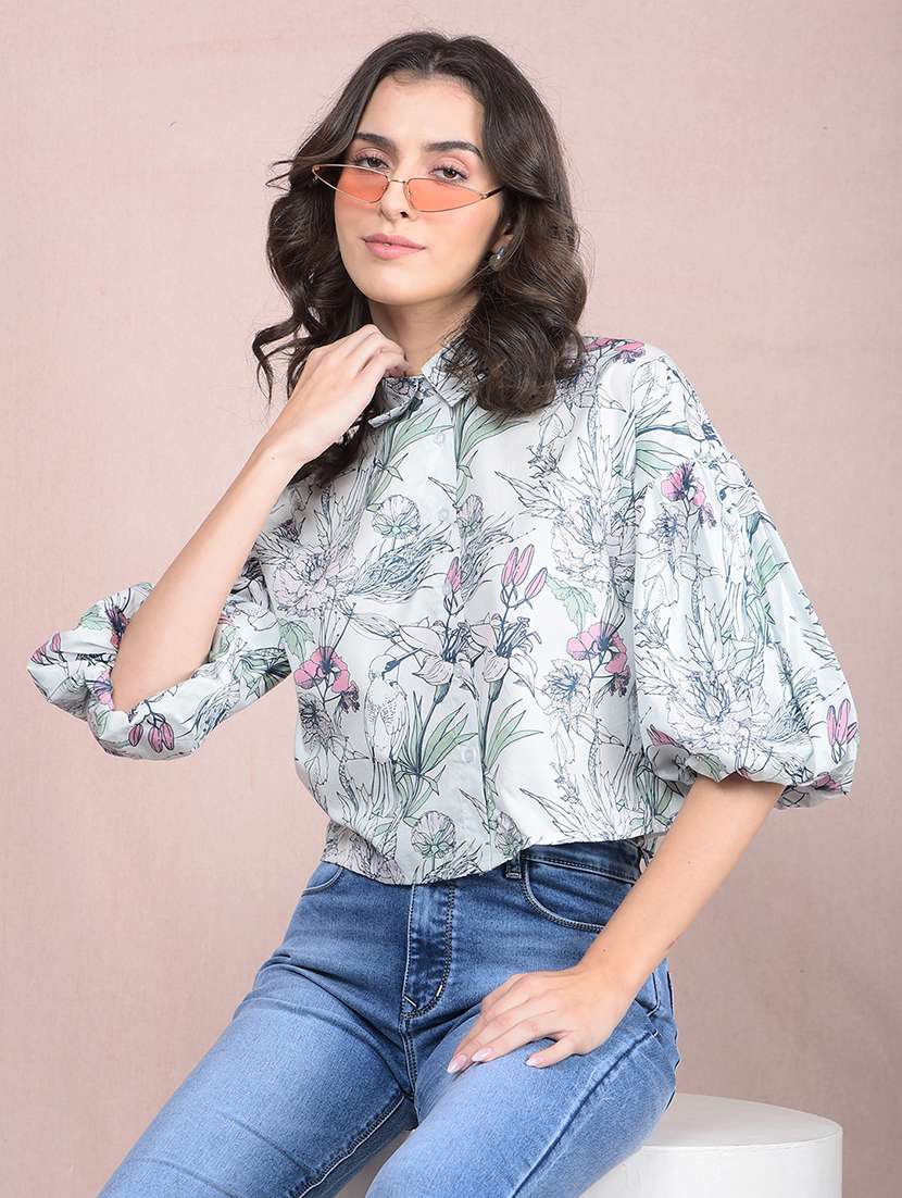 women printed puff sleeves crop shirt