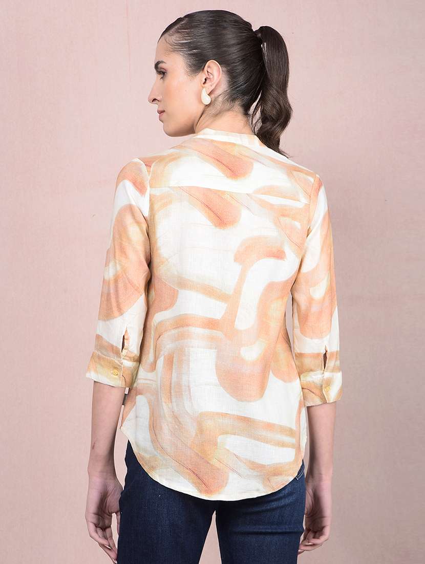 women printed mandrain neck high low shirt - 21854879 -  Standard Image - 2