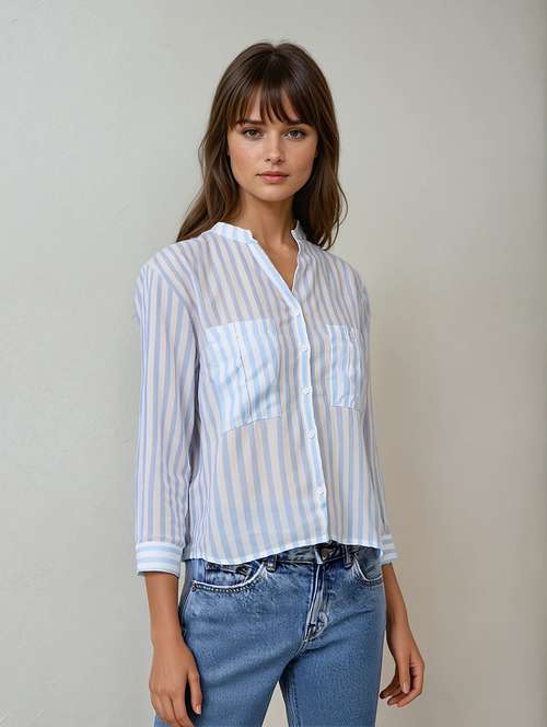 women striped roll-up sleeves high low shirt - 21854888 -  Standard Image - 0