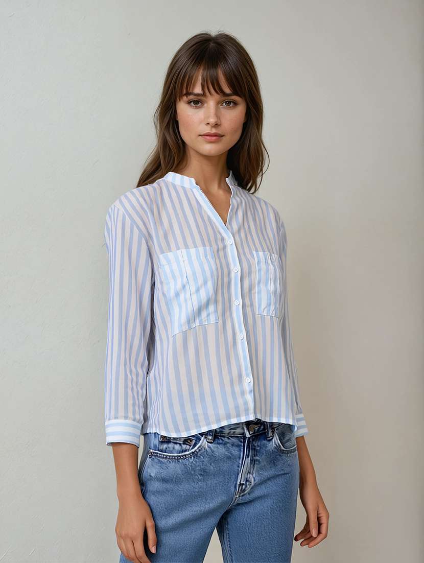 women striped roll-up sleeves high low shirt - 21854888 -  Zoom Image - 0