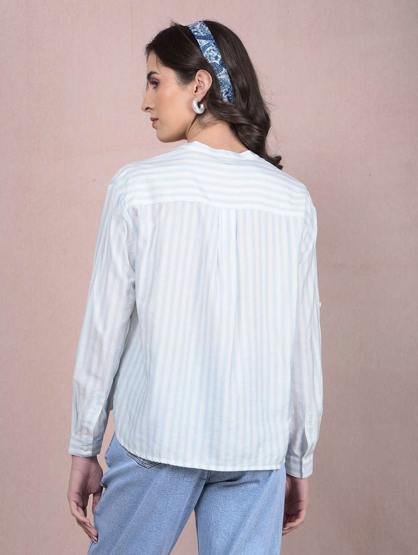 women striped roll-up sleeves high low shirt - 21854888 - Standard Image - 2