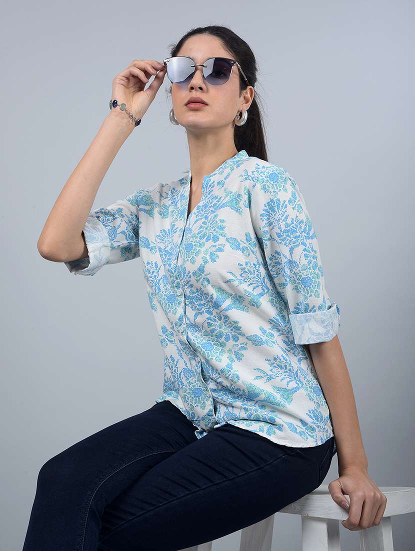 women printed mandrain neck high low shirt