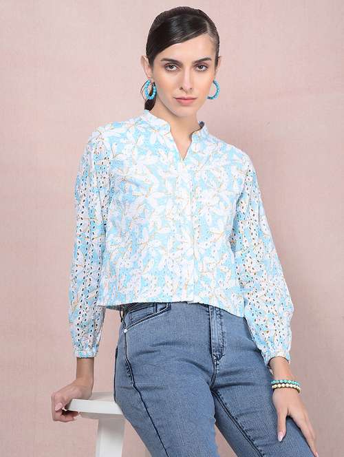 women printed puff sleeves crop schiffli shirt - 21854893 -  Standard Image - 0