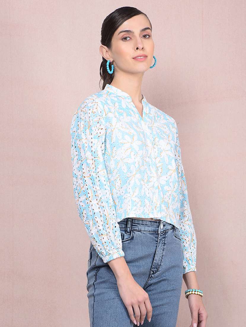 women printed puff sleeves crop schiffli shirt - 21854893 - Standard Image - 2