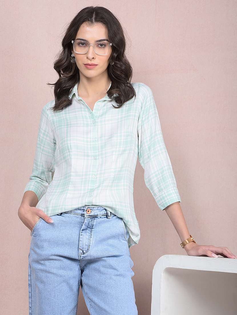 women checkered mandarin neck regular shirt