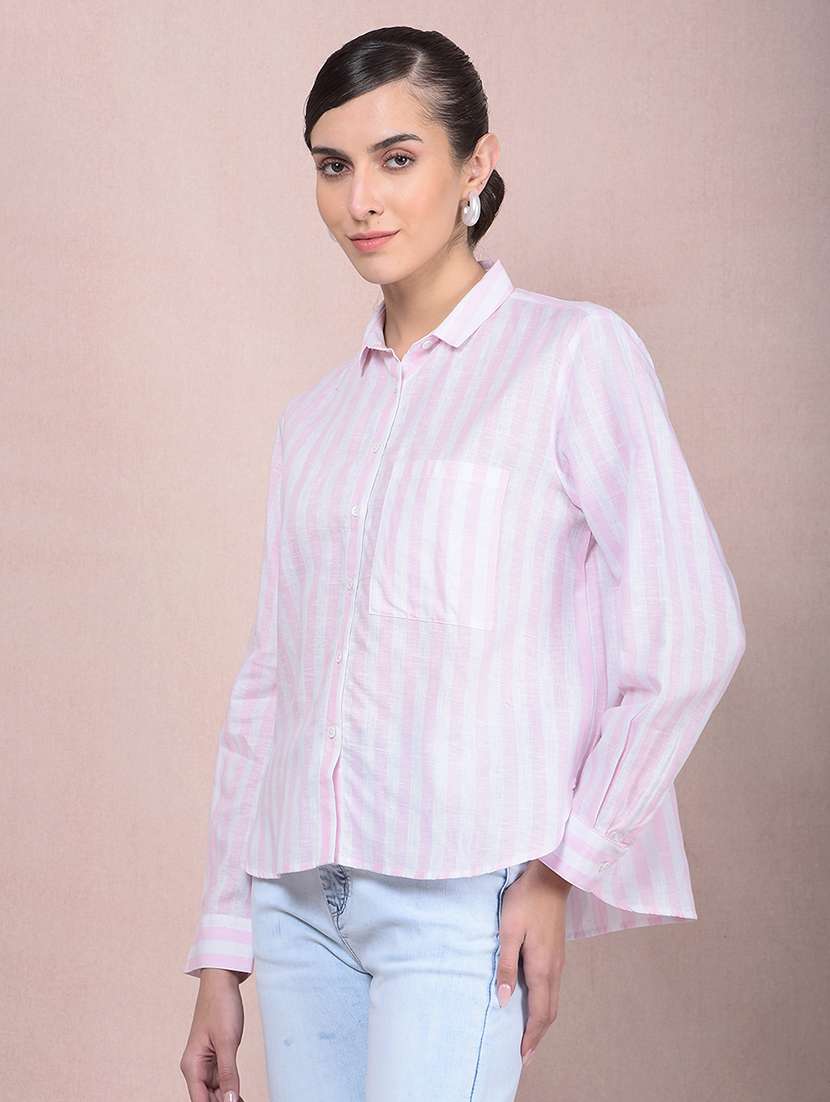 women striped long sleeves high low shirt