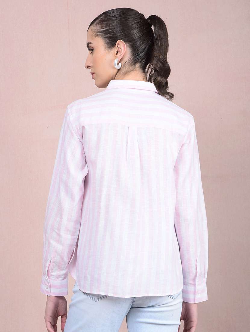 women striped long sleeves high low shirt - 21854899 - Standard Image - 2