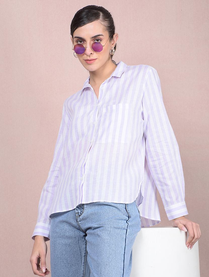 women striped collared high low shirt - 21854900 -  Zoom Image - 0